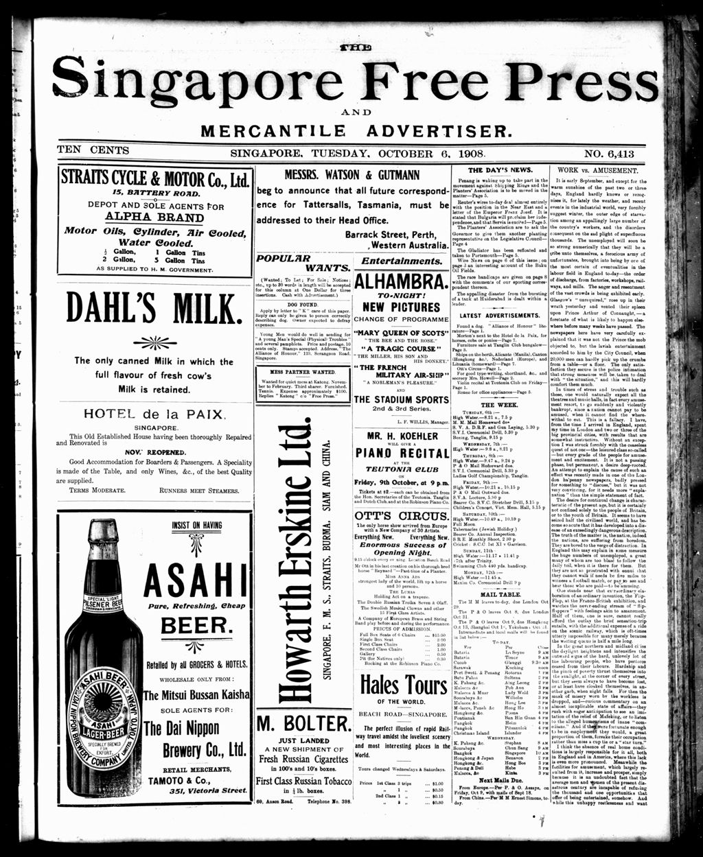 Miniature of Singapore Free Press and Mercantile Advertiser 06 October 1908