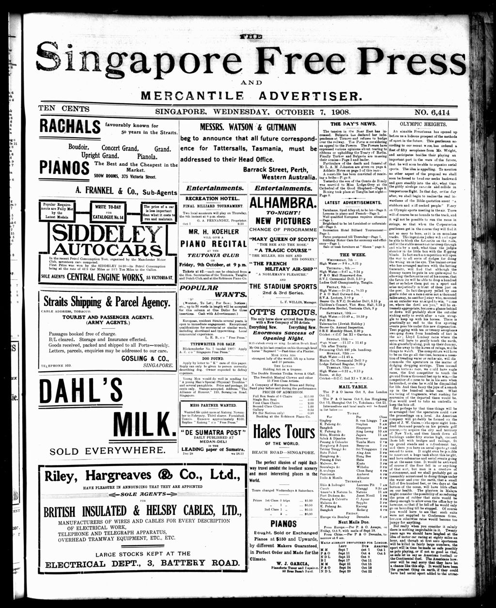 Miniature of Singapore Free Press and Mercantile Advertiser 07 October 1908