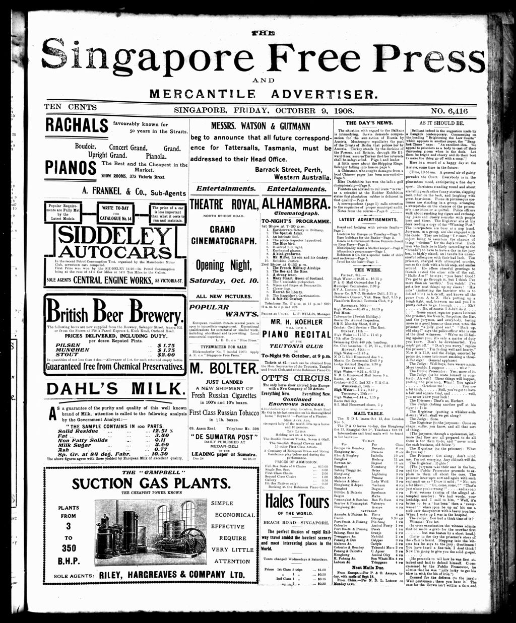 Miniature of Singapore Free Press and Mercantile Advertiser 09 October 1908