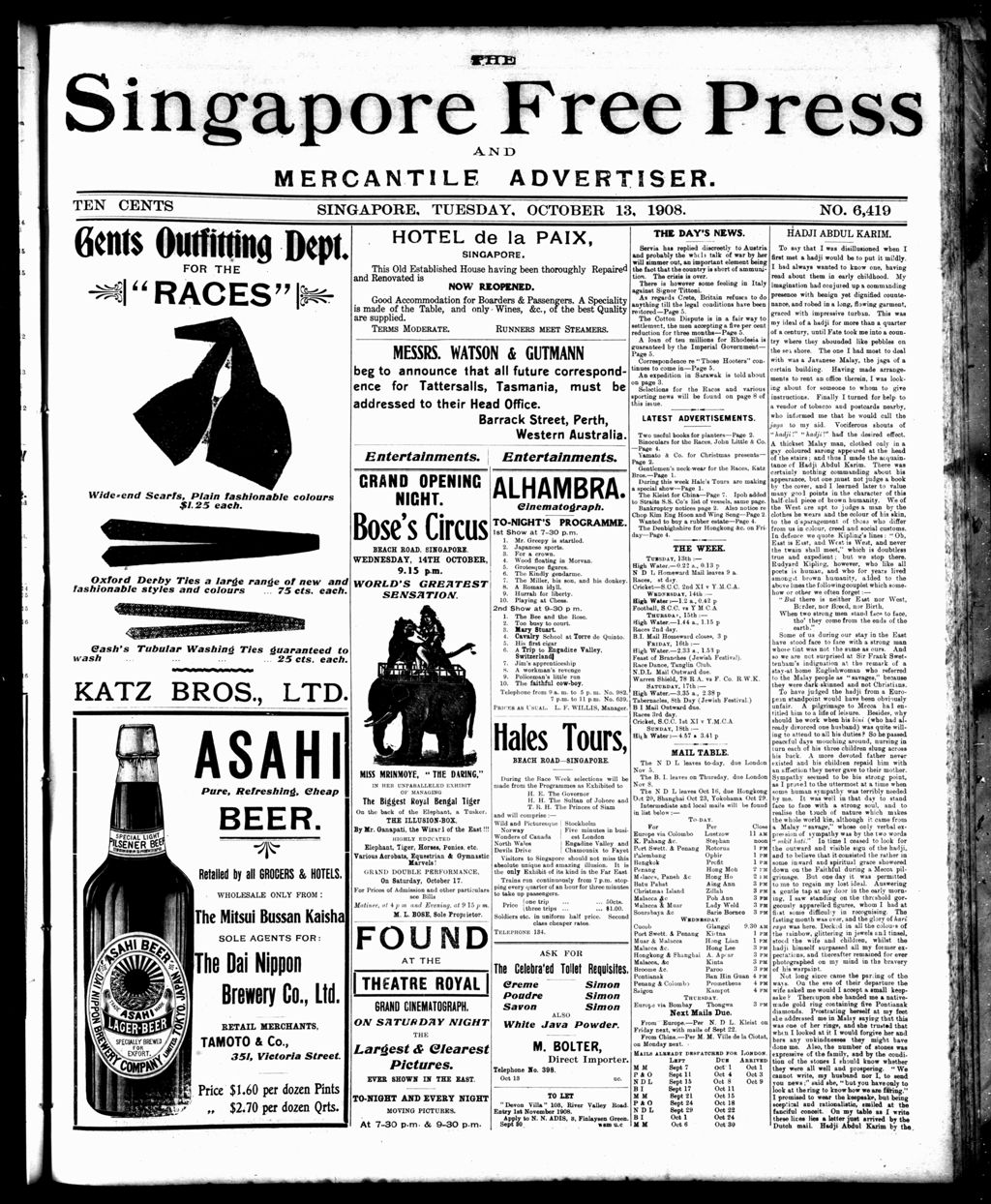 Miniature of Singapore Free Press and Mercantile Advertiser 13 October 1908