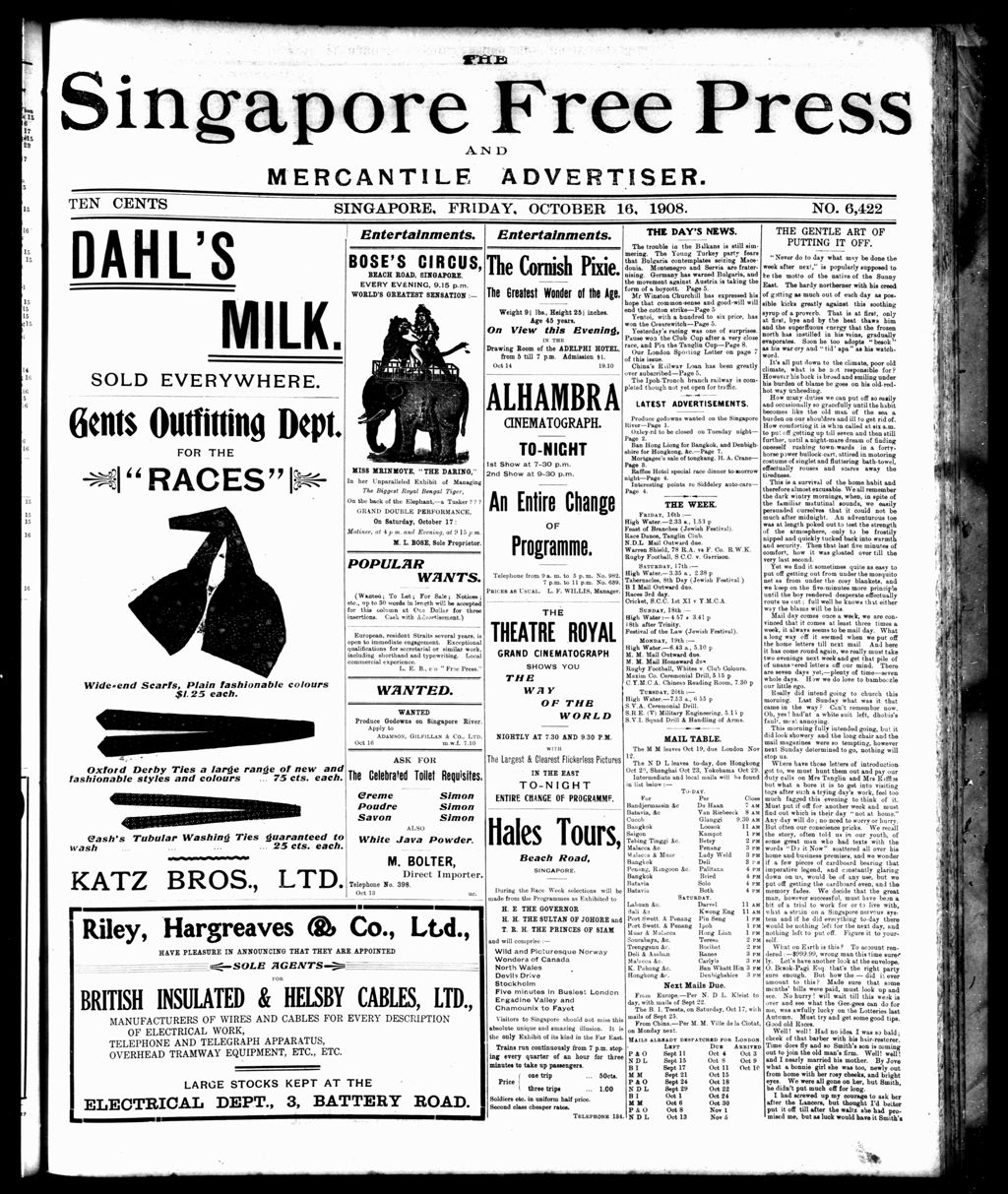 Miniature of Singapore Free Press and Mercantile Advertiser 16 October 1908