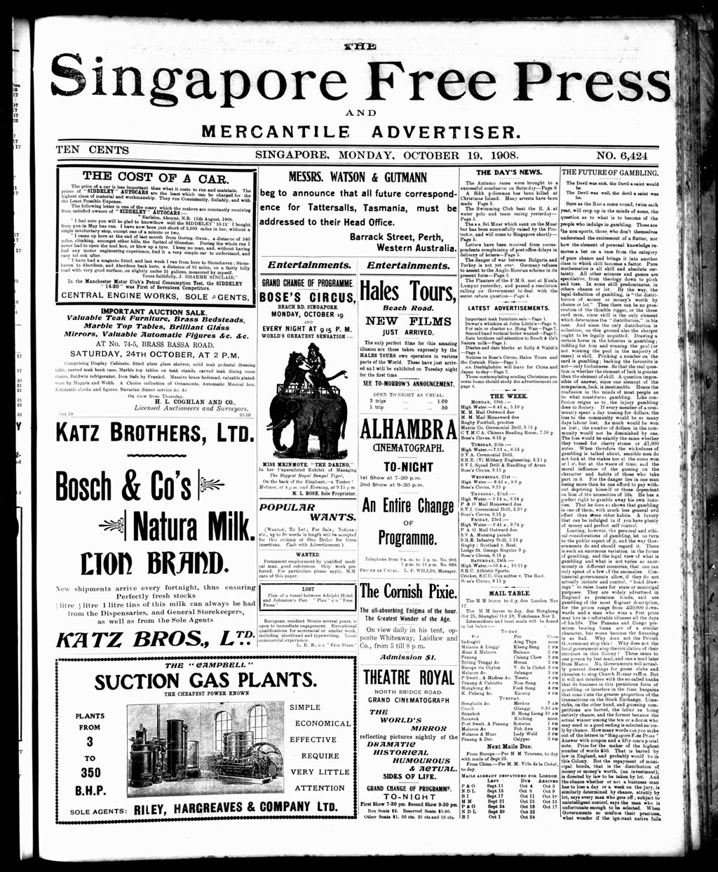 Miniature of Singapore Free Press and Mercantile Advertiser 19 October 1908