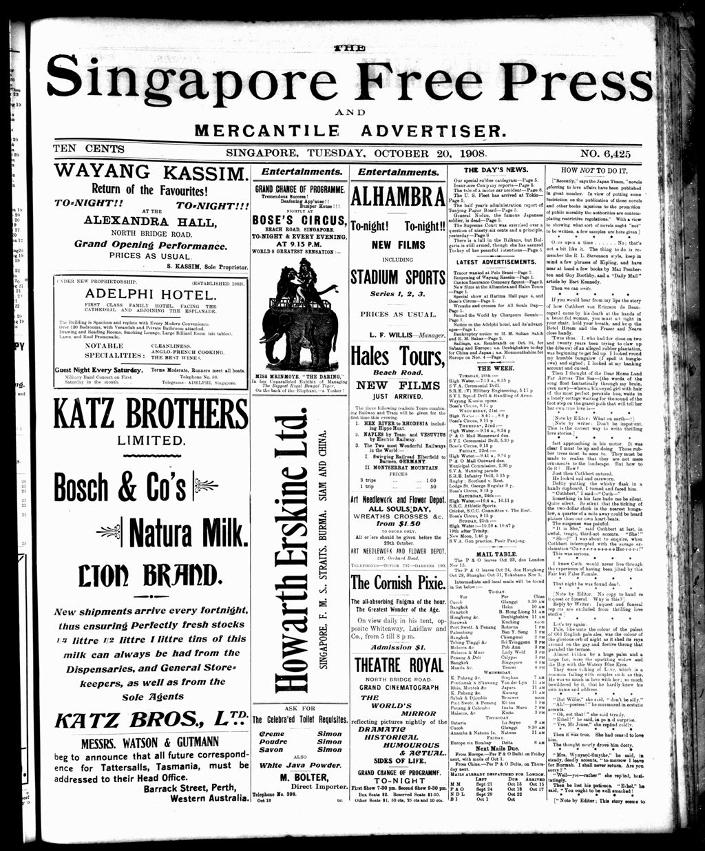 Miniature of Singapore Free Press and Mercantile Advertiser 20 October 1908