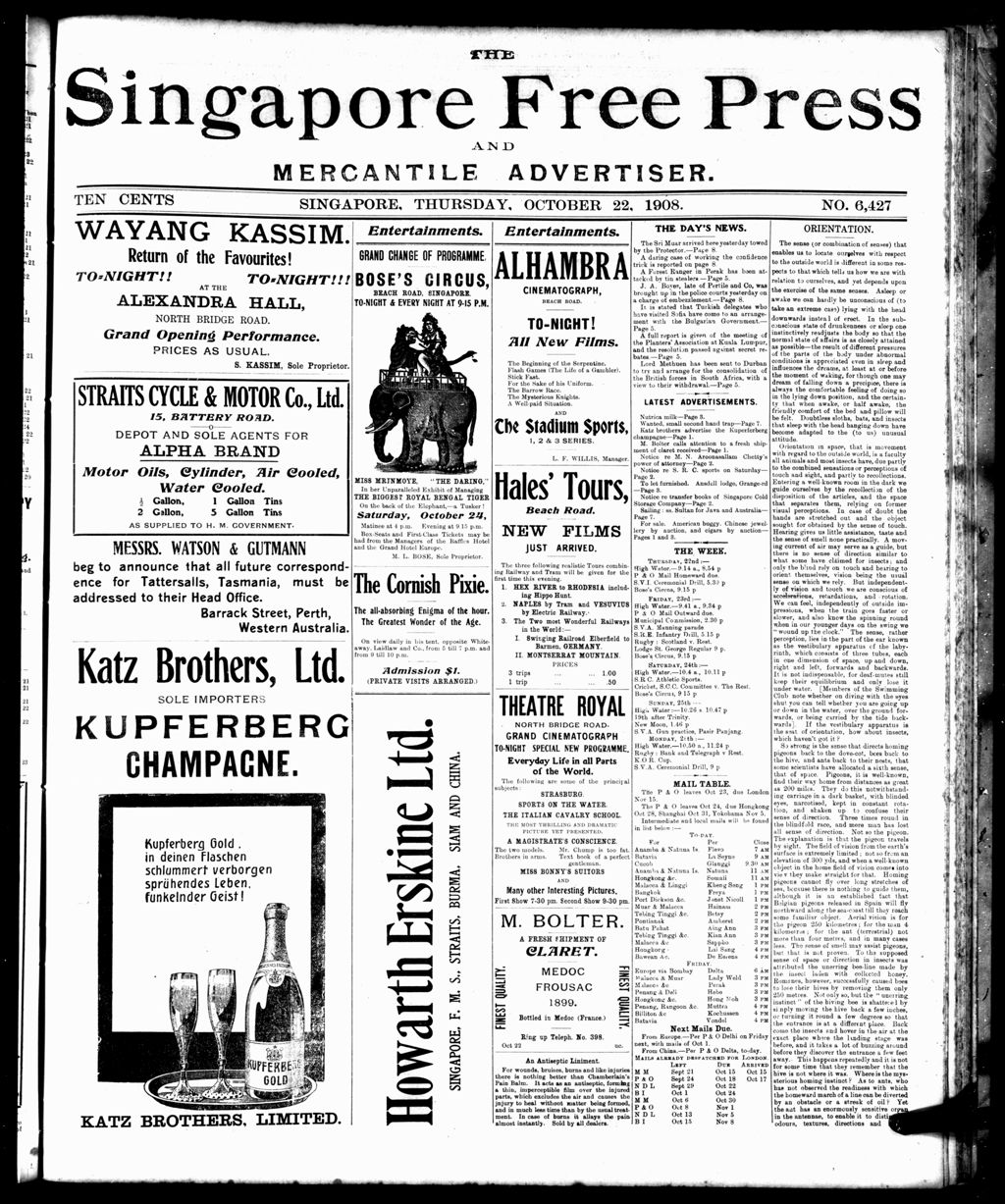 Miniature of Singapore Free Press and Mercantile Advertiser 22 October 1908