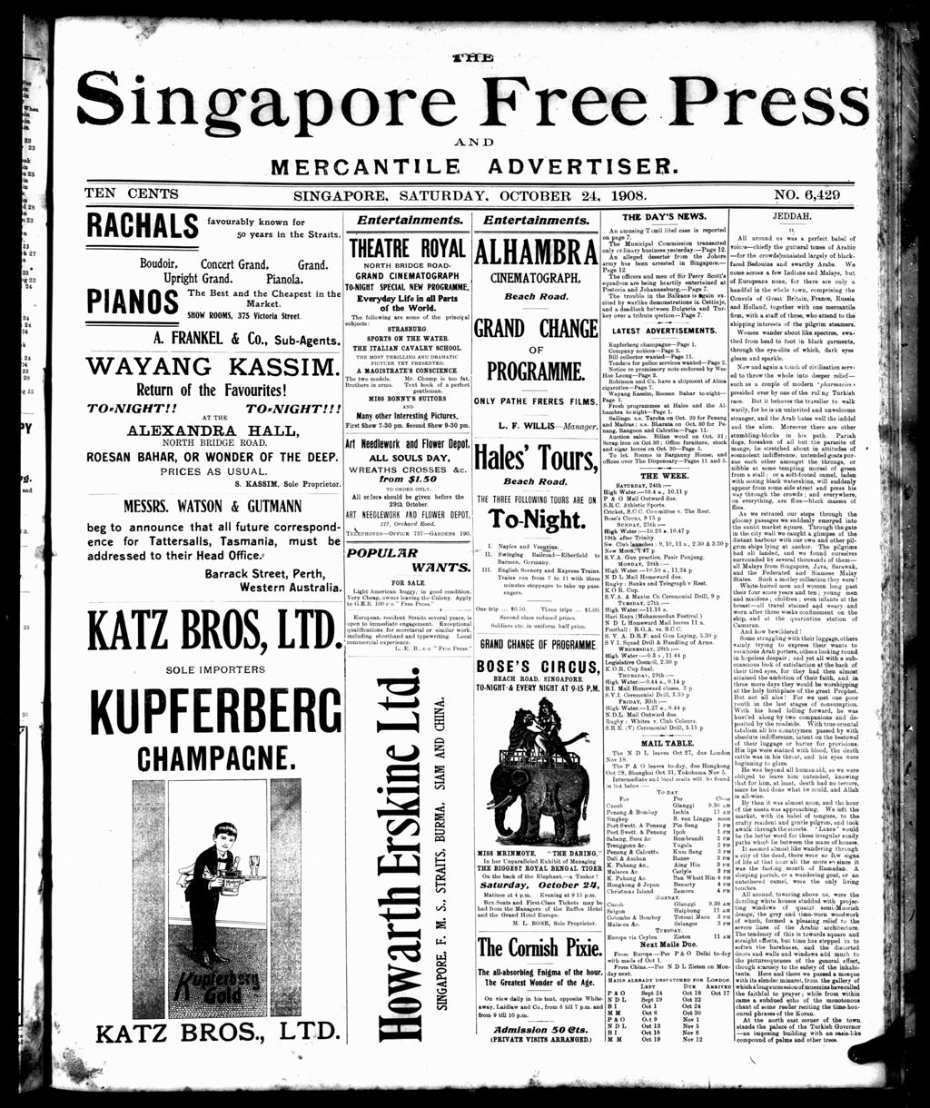 Miniature of Singapore Free Press and Mercantile Advertiser 24 October 1908