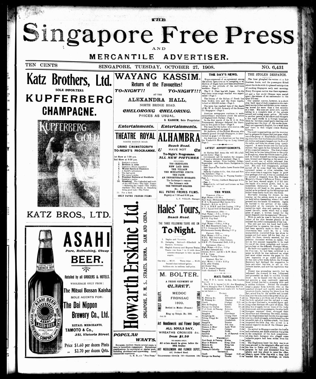 Miniature of Singapore Free Press and Mercantile Advertiser 27 October 1908