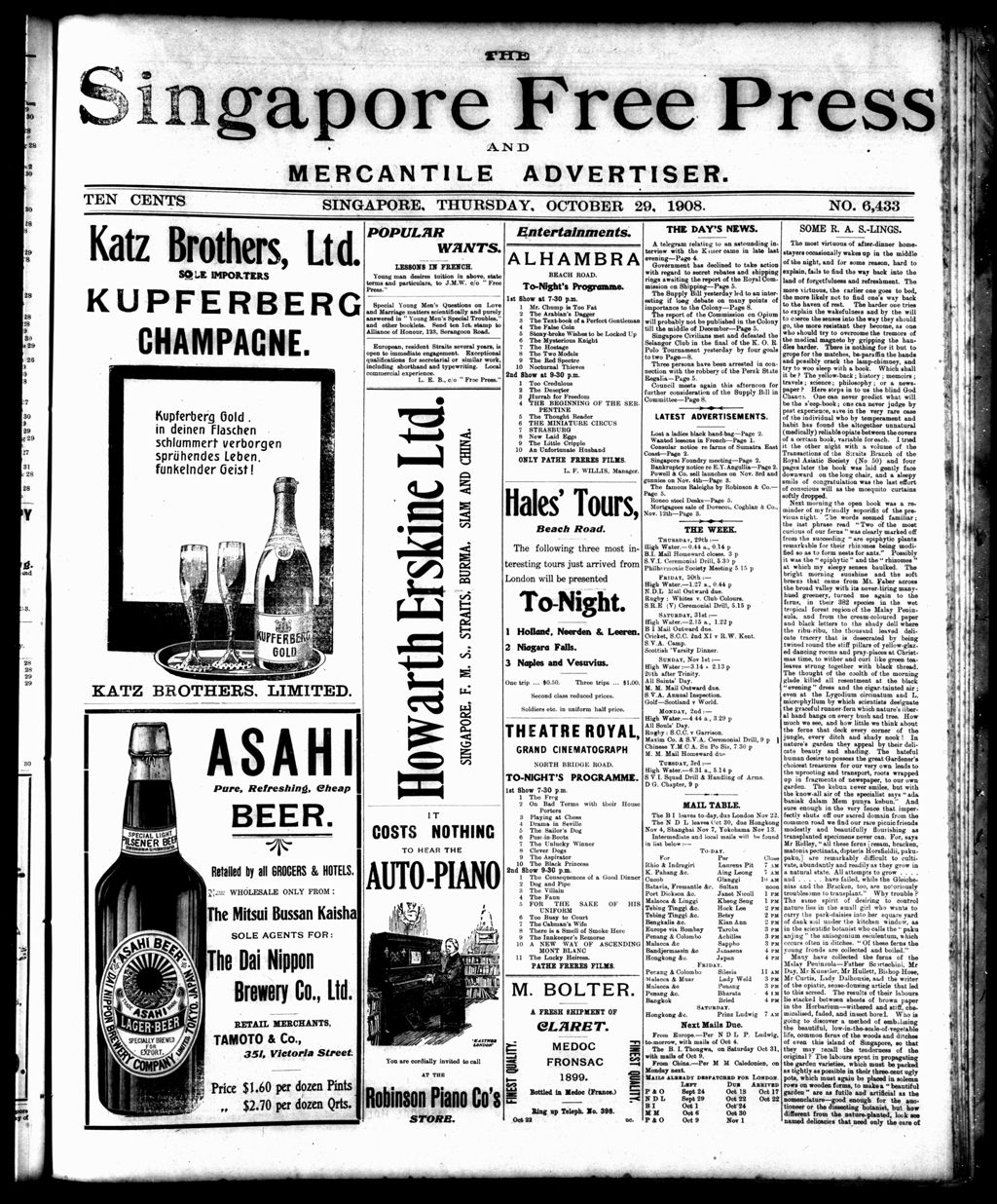 Miniature of Singapore Free Press and Mercantile Advertiser 29 October 1908