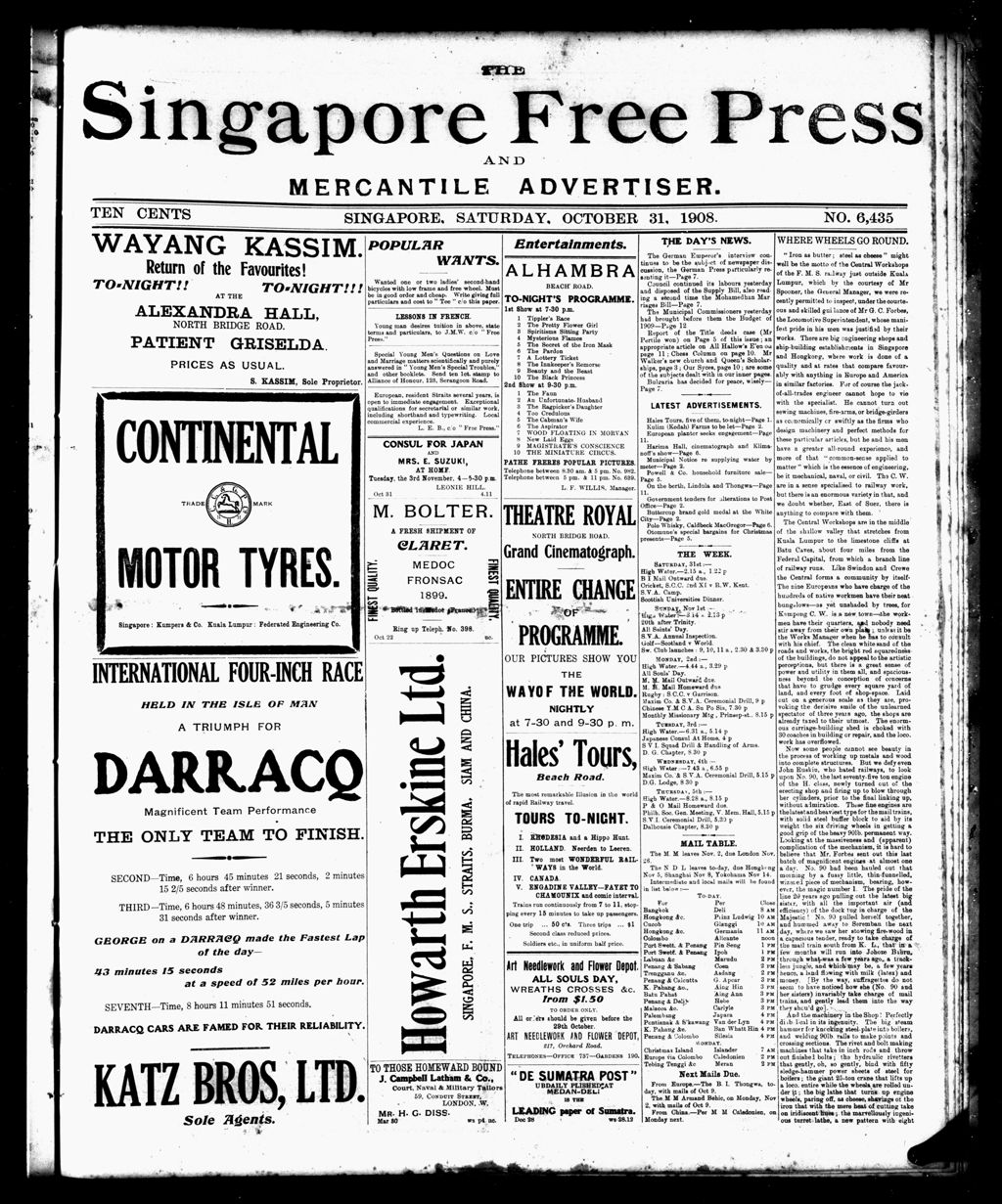 Miniature of Singapore Free Press and Mercantile Advertiser 31 October 1908