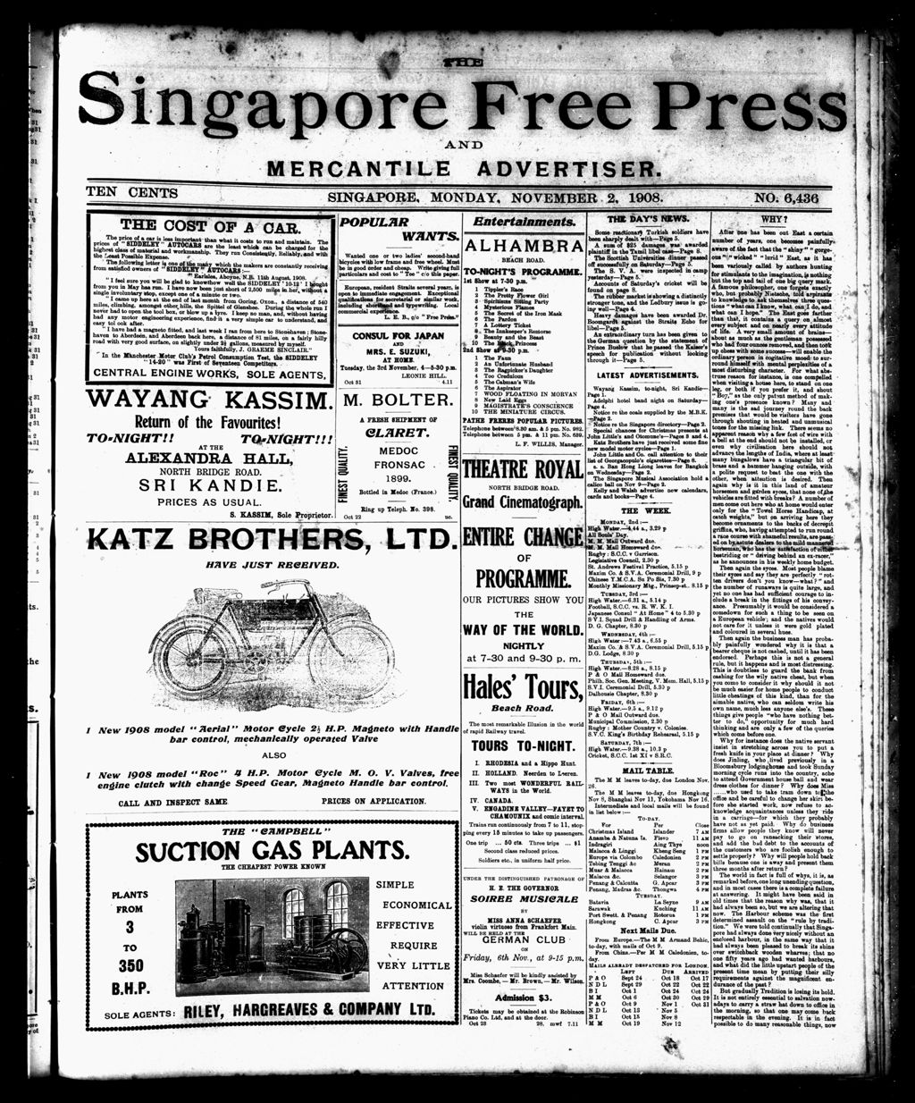 Miniature of Singapore Free Press and Mercantile Advertiser 02 November 1908