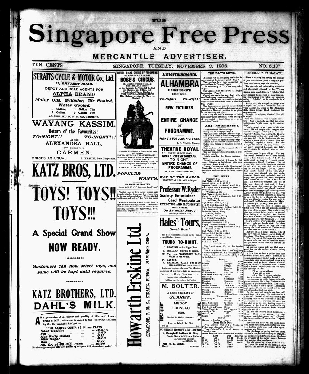 Miniature of Singapore Free Press and Mercantile Advertiser 03 November 1908