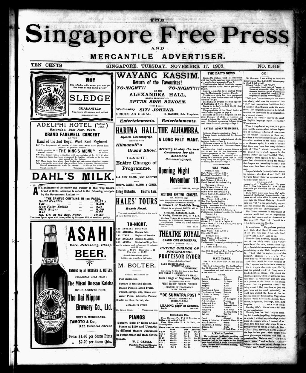 Miniature of Singapore Free Press and Mercantile Advertiser 17 November 1908