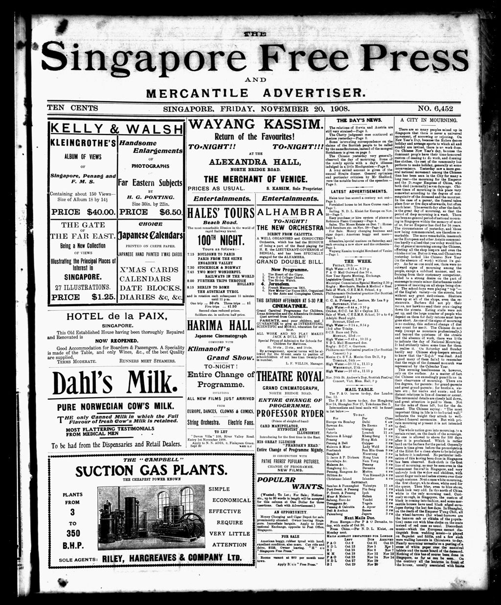 Miniature of Singapore Free Press and Mercantile Advertiser 20 November 1908