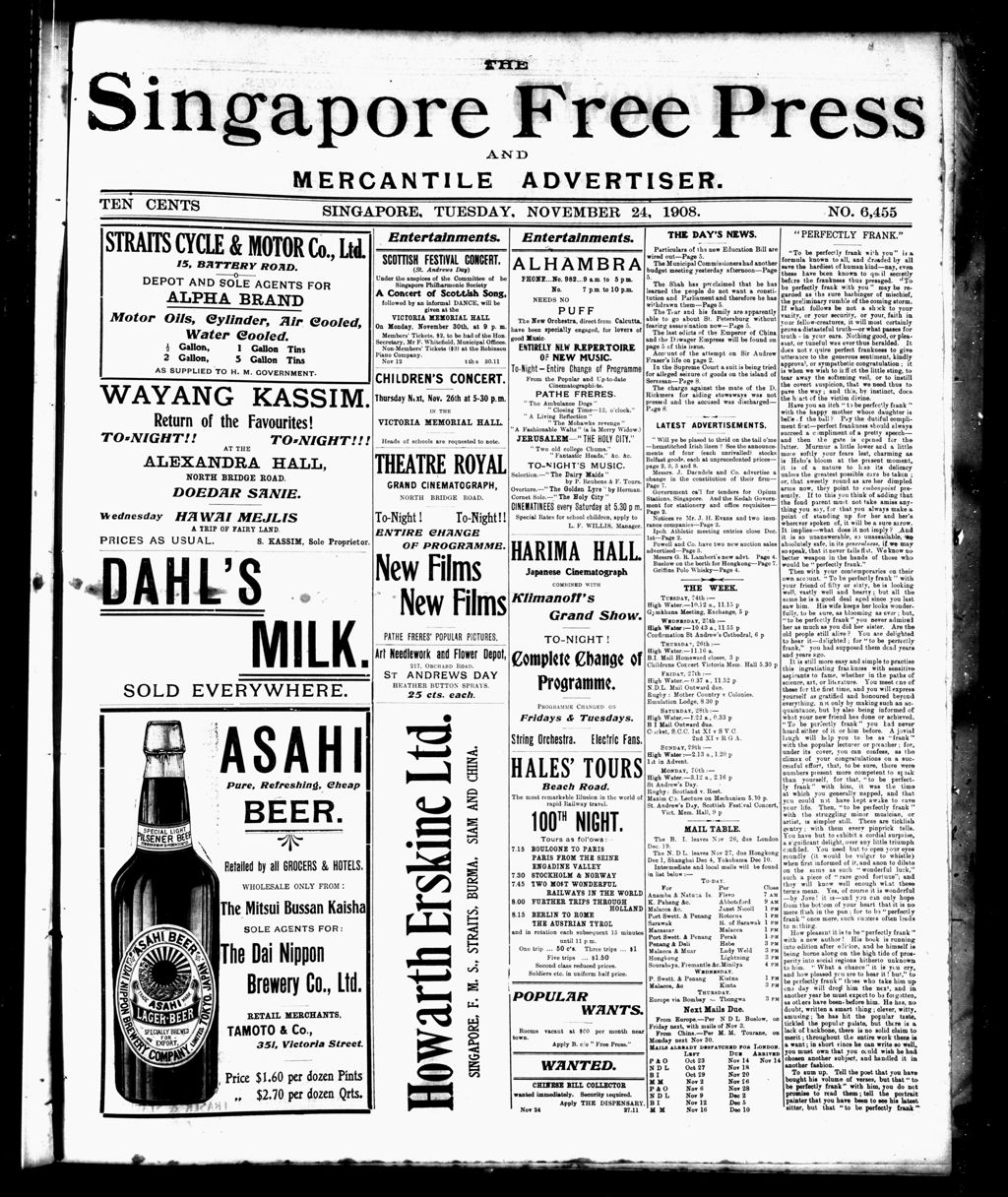 Miniature of Singapore Free Press and Mercantile Advertiser 24 November 1908