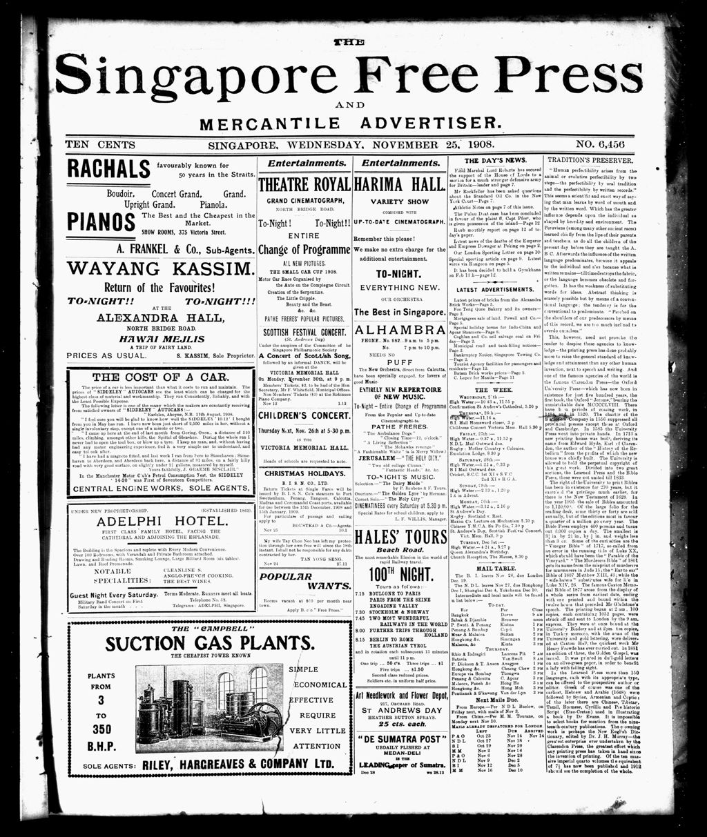 Miniature of Singapore Free Press and Mercantile Advertiser 25 November 1908