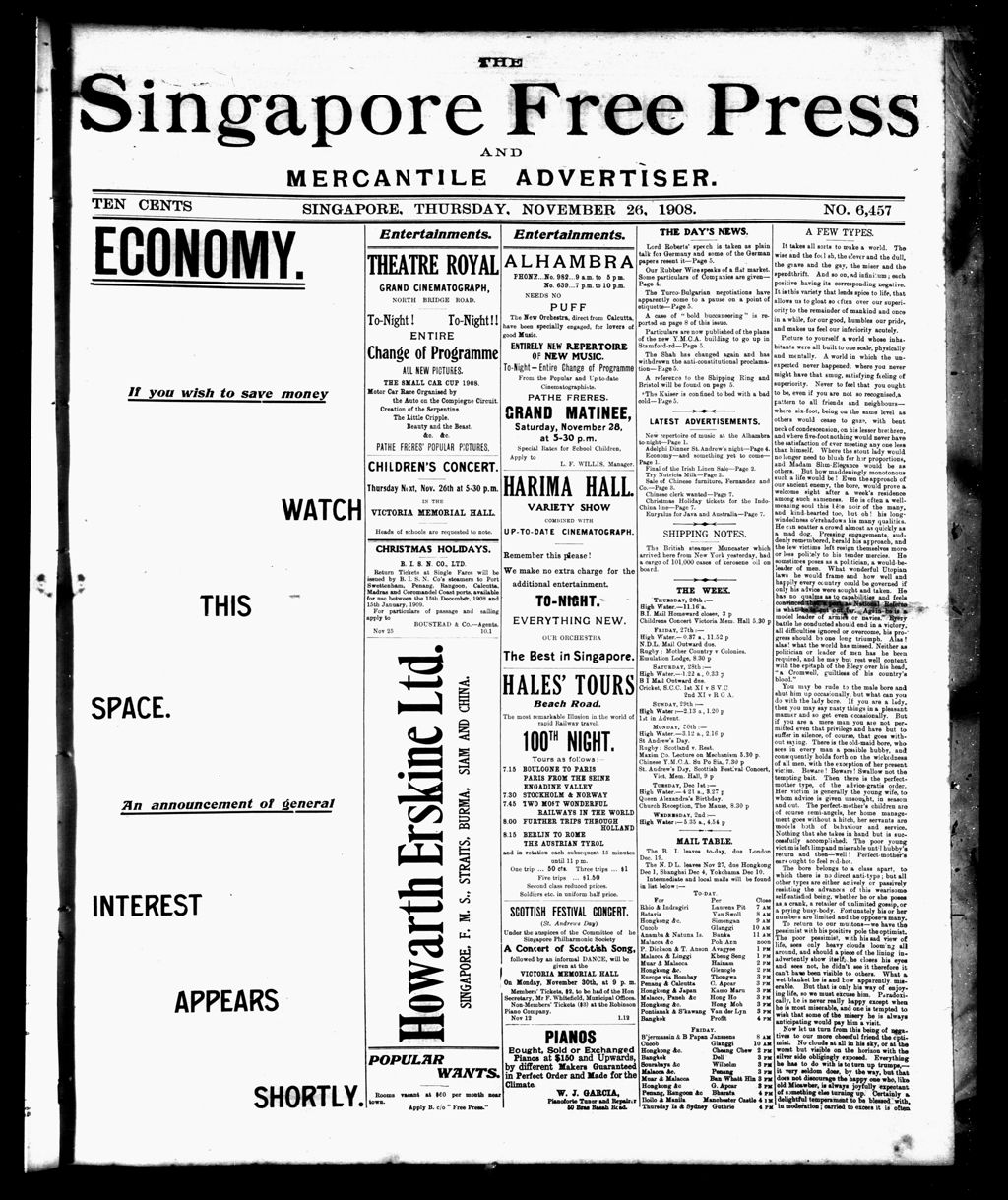 Miniature of Singapore Free Press and Mercantile Advertiser 26 November 1908