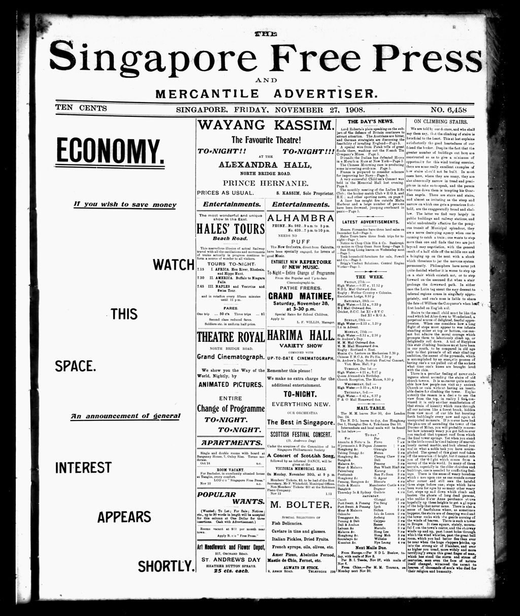 Miniature of Singapore Free Press and Mercantile Advertiser 27 November 1908