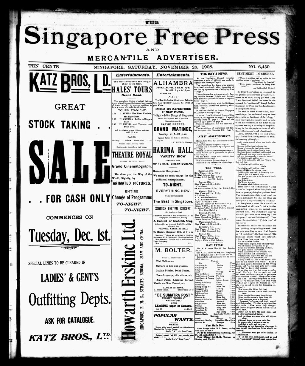 Miniature of Singapore Free Press and Mercantile Advertiser 28 November 1908