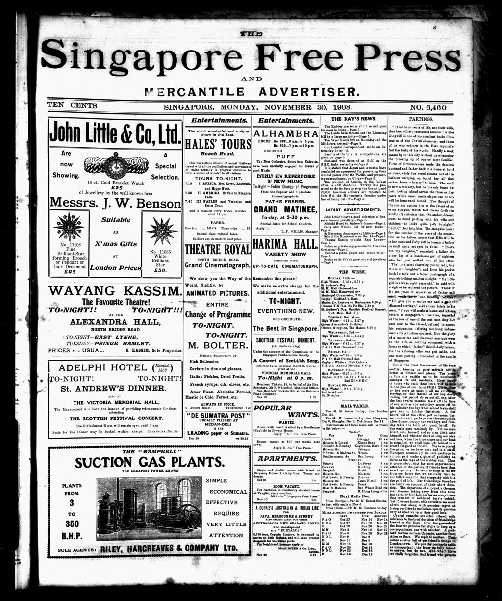 Miniature of Singapore Free Press and Mercantile Advertiser 30 November 1908