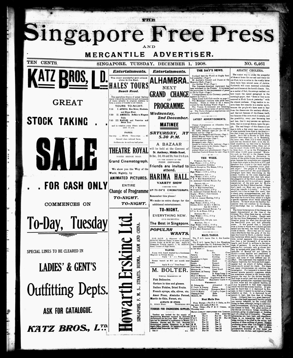 Miniature of Singapore Free Press and Mercantile Advertiser 01 December 1908