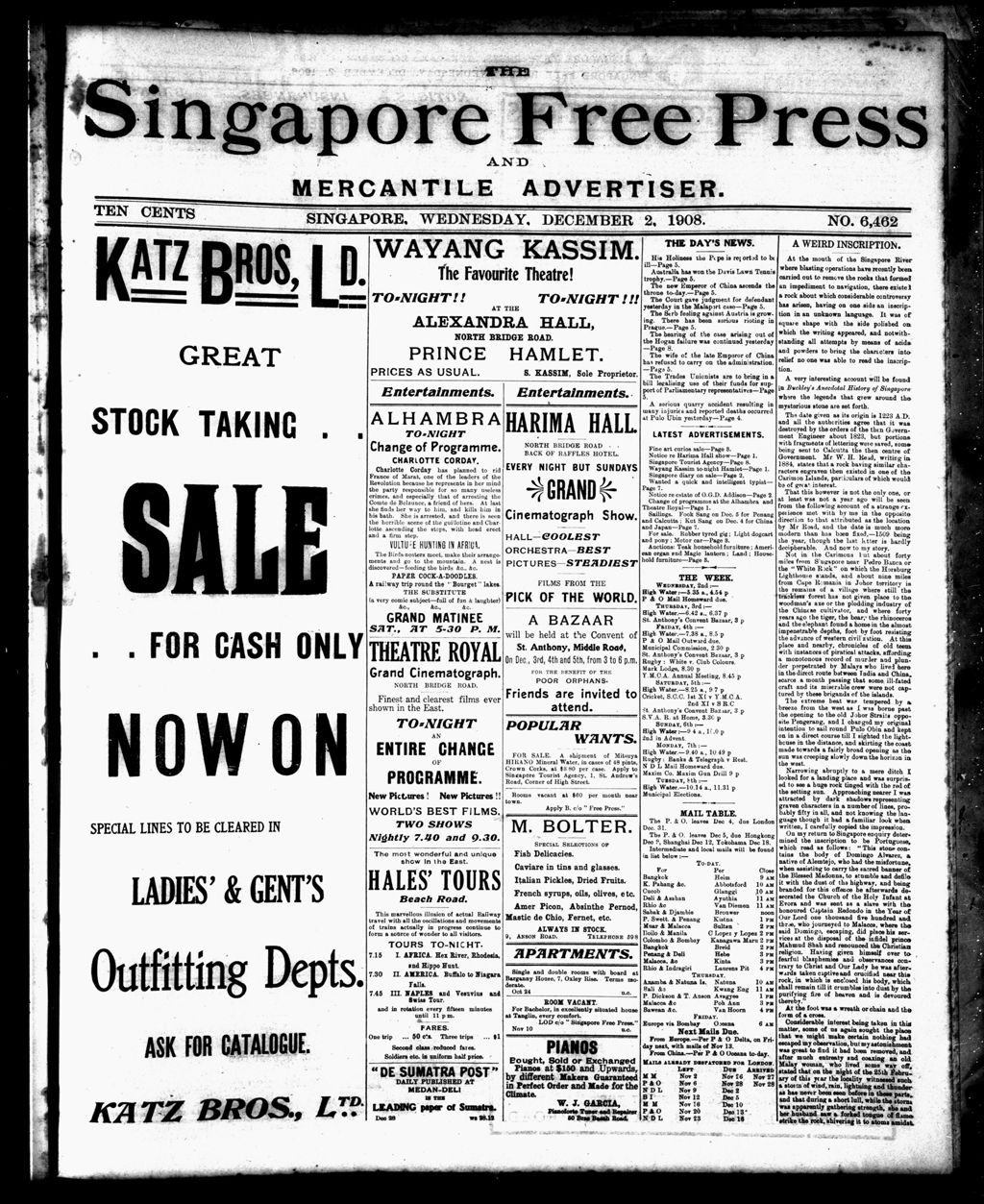 Miniature of Singapore Free Press and Mercantile Advertiser 02 December 1908