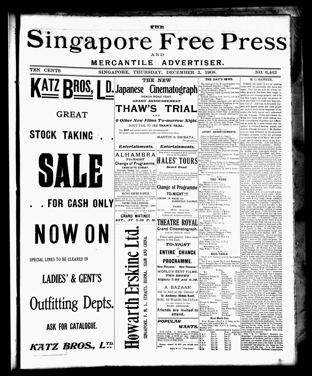 Miniature of Singapore Free Press and Mercantile Advertiser 03 December 1908