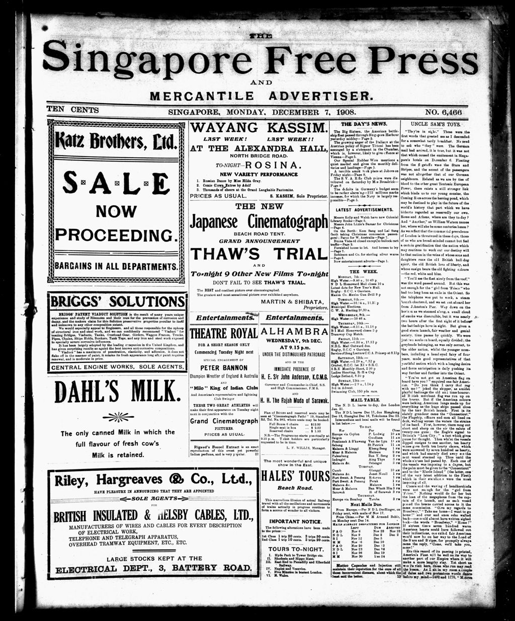 Miniature of Singapore Free Press and Mercantile Advertiser 07 December 1908