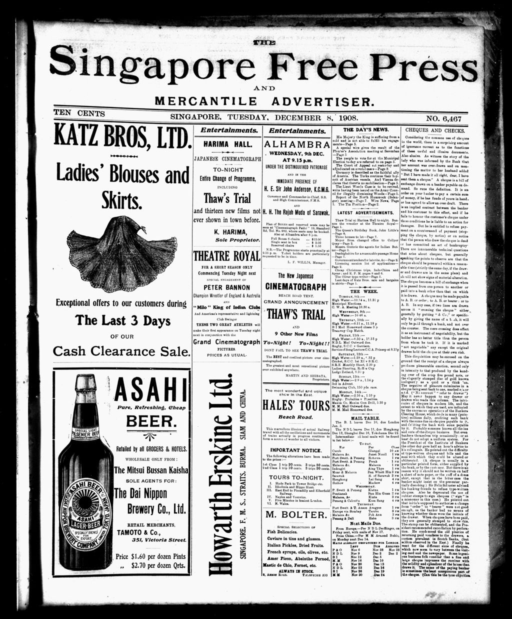 Miniature of Singapore Free Press and Mercantile Advertiser 08 December 1908