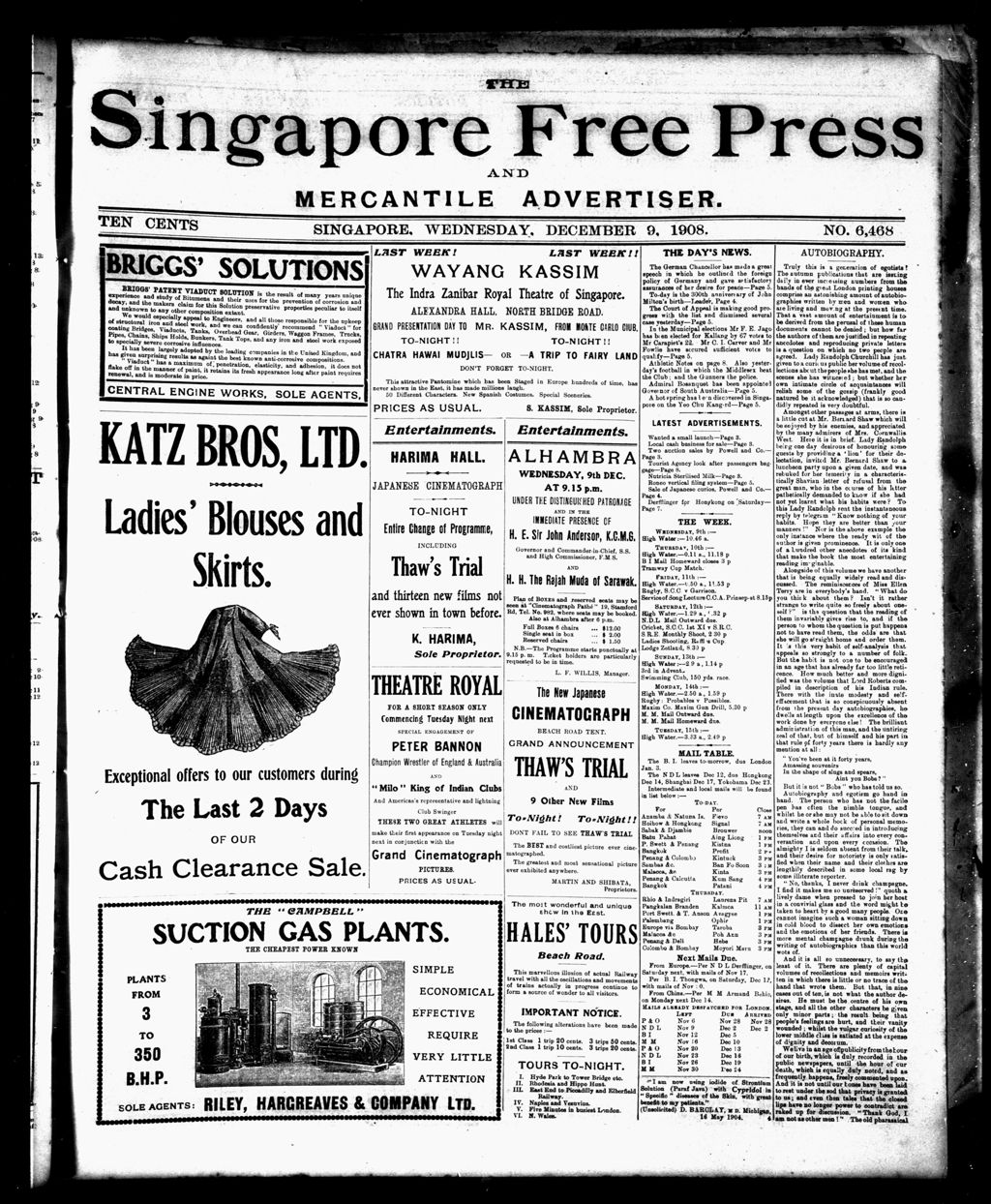 Miniature of Singapore Free Press and Mercantile Advertiser 09 December 1908