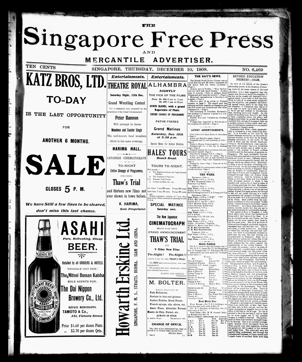 Miniature of Singapore Free Press and Mercantile Advertiser 10 December 1908