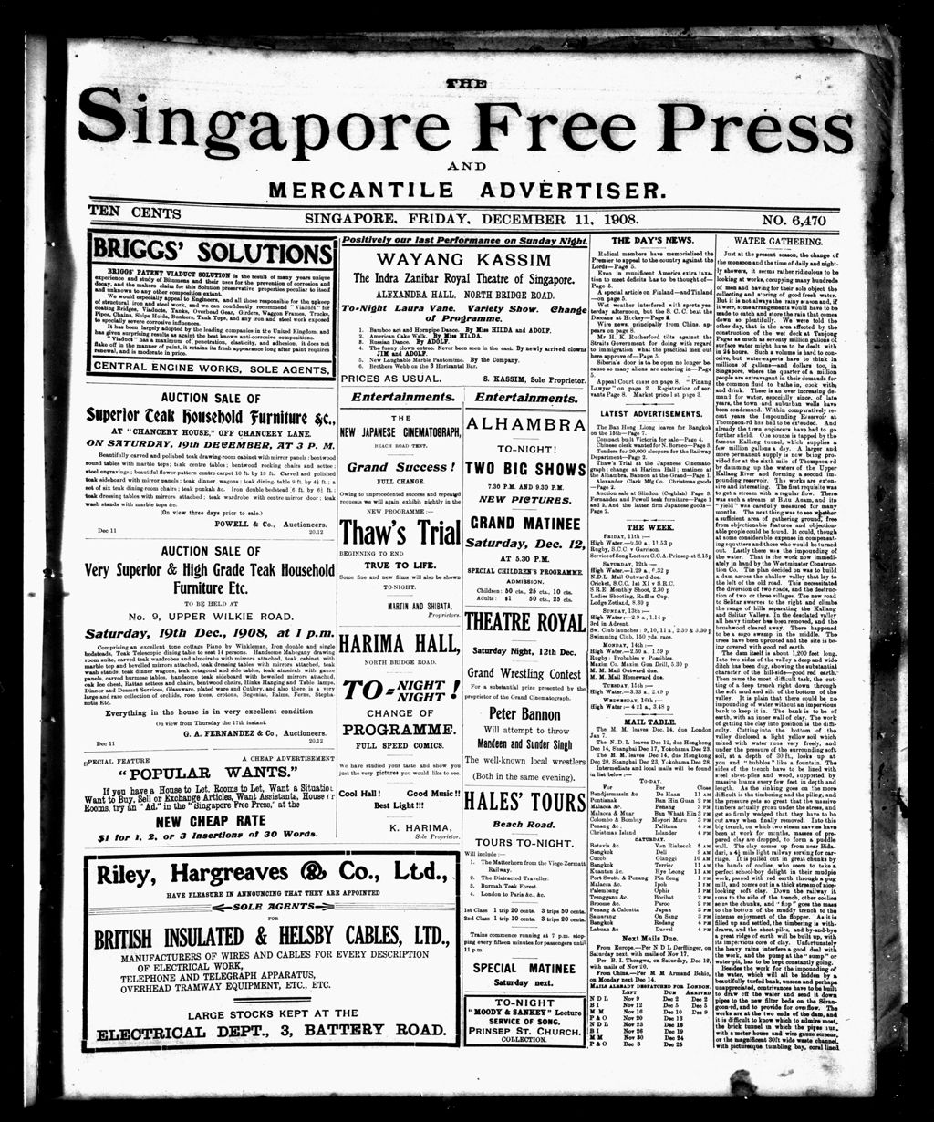 Miniature of Singapore Free Press and Mercantile Advertiser 11 December 1908