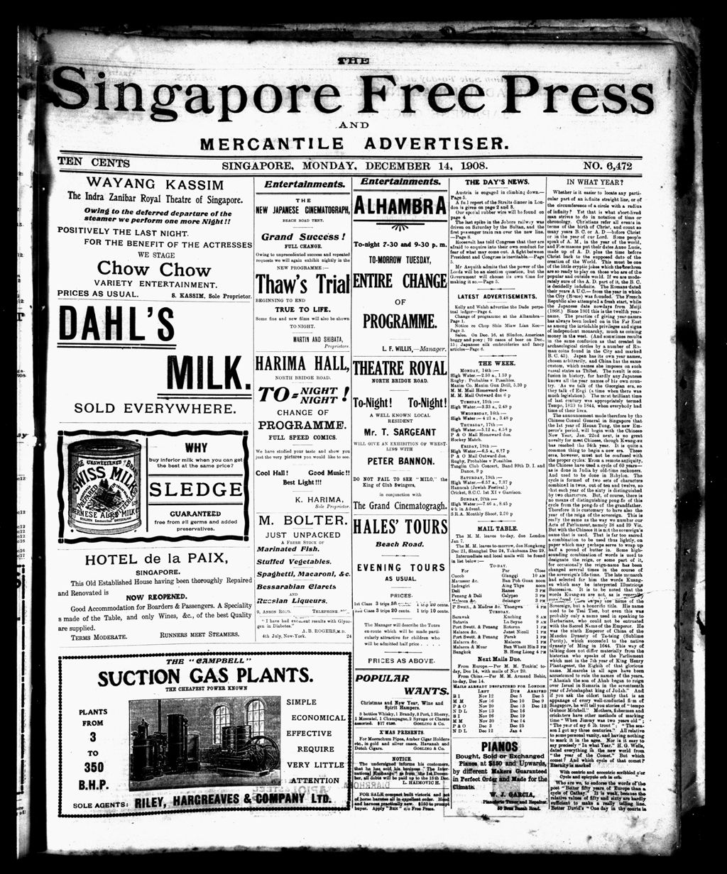 Miniature of Singapore Free Press and Mercantile Advertiser 14 December 1908