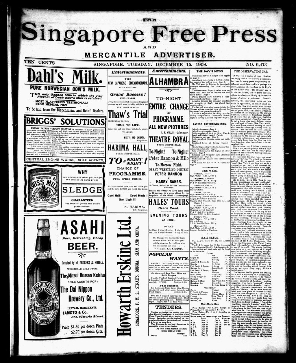 Miniature of Singapore Free Press and Mercantile Advertiser 15 December 1908