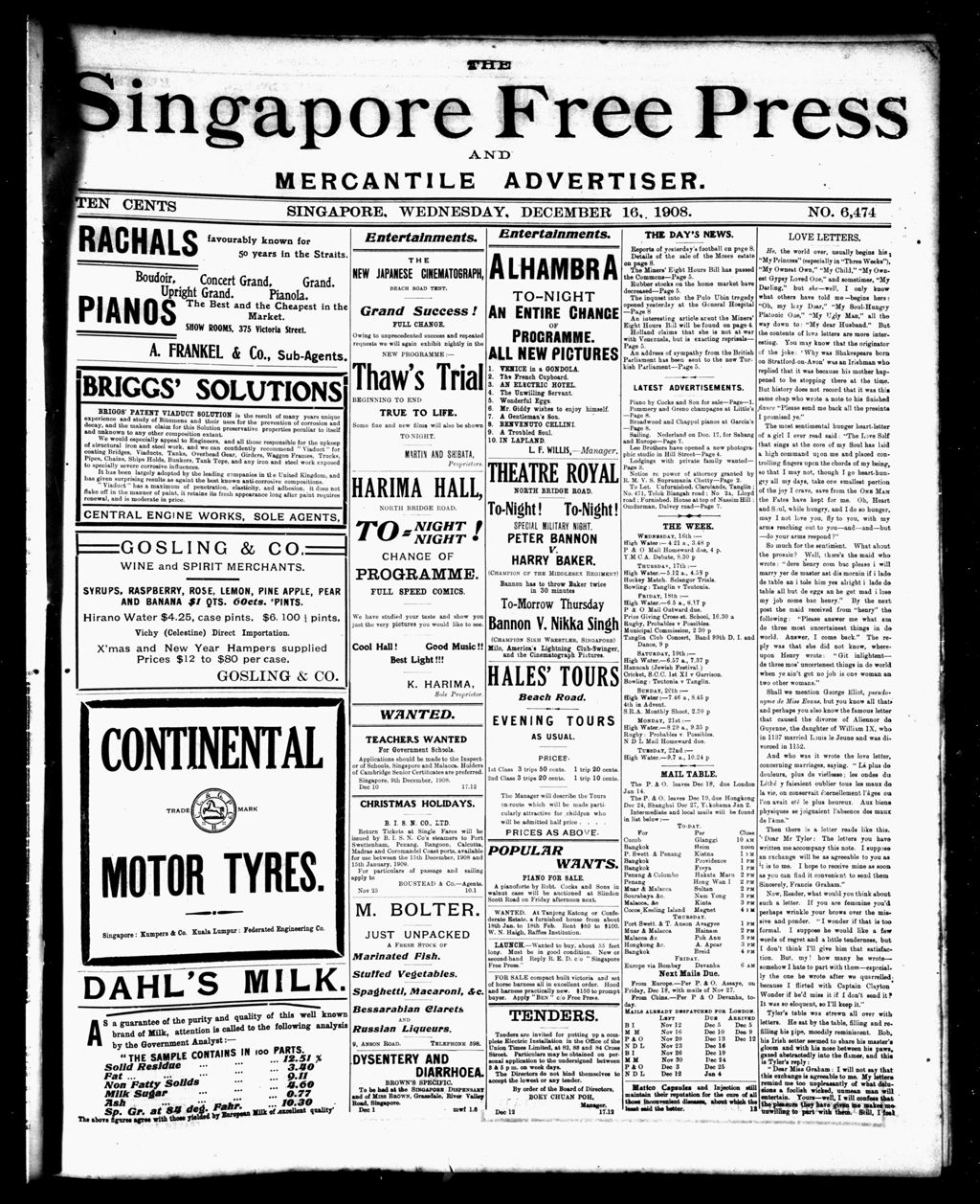 Miniature of Singapore Free Press and Mercantile Advertiser 16 December 1908