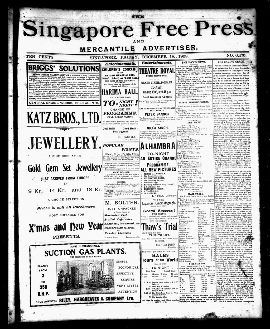 Miniature of Singapore Free Press and Mercantile Advertiser 18 December 1908