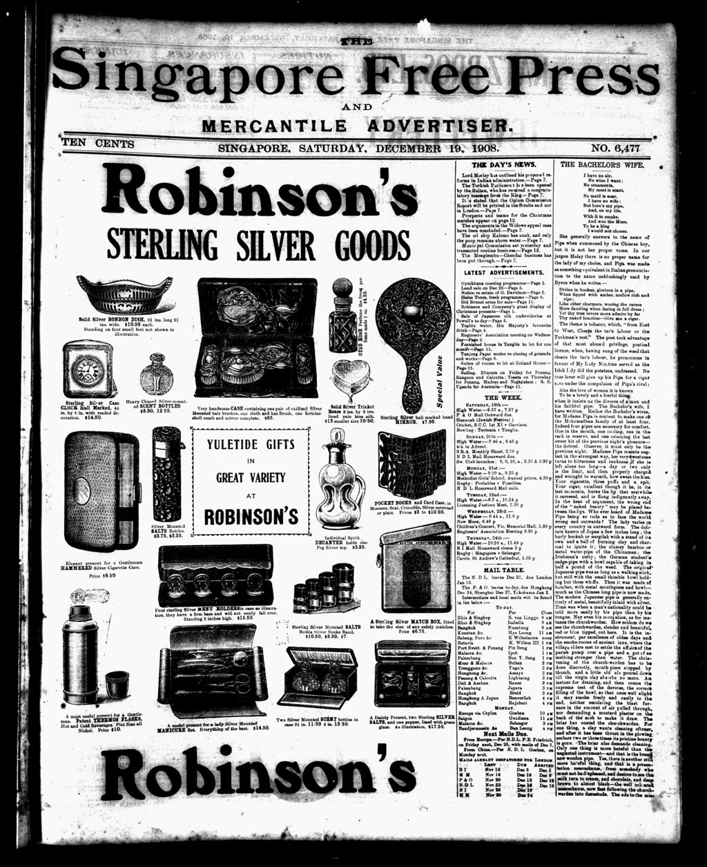 Miniature of Singapore Free Press and Mercantile Advertiser 19 December 1908