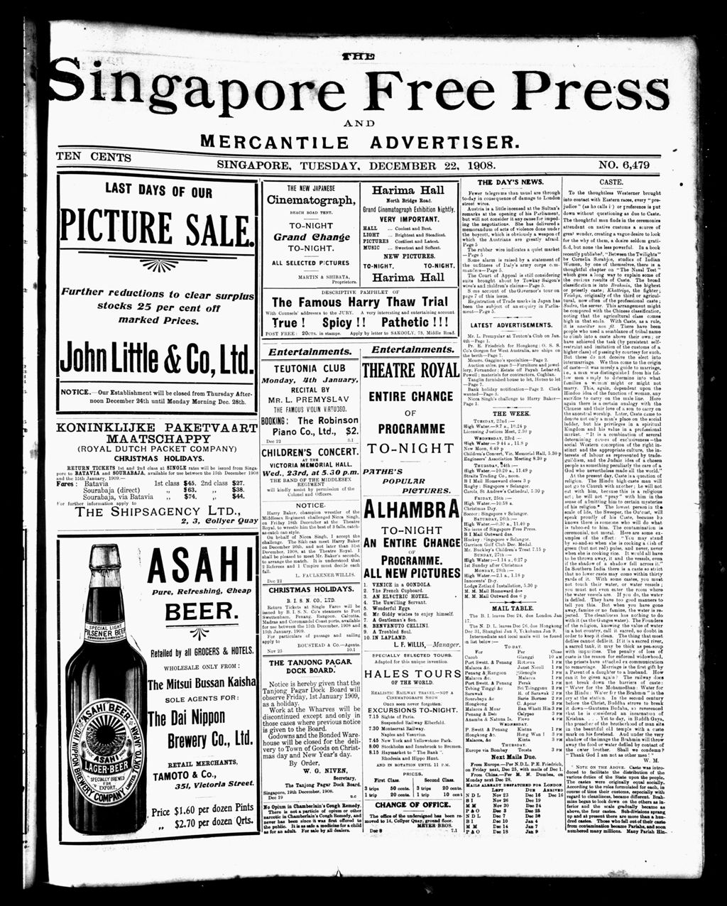 Miniature of Singapore Free Press and Mercantile Advertiser 22 December 1908