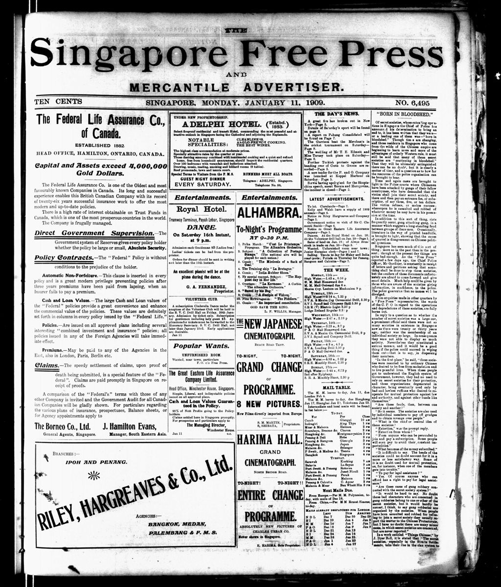 Miniature of Singapore Free Press and Mercantile Advertiser 11 January 1909