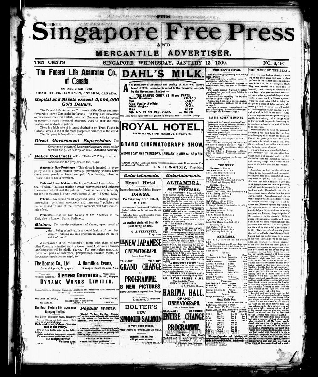 Miniature of Singapore Free Press and Mercantile Advertiser 13 January 1909