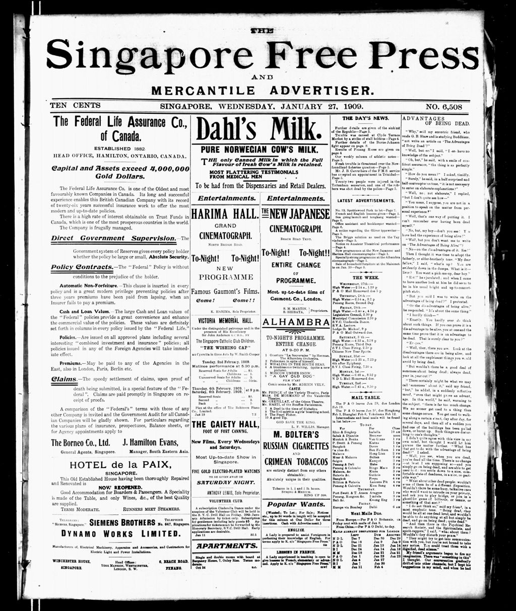 Miniature of Singapore Free Press and Mercantile Advertiser 27 January 1909