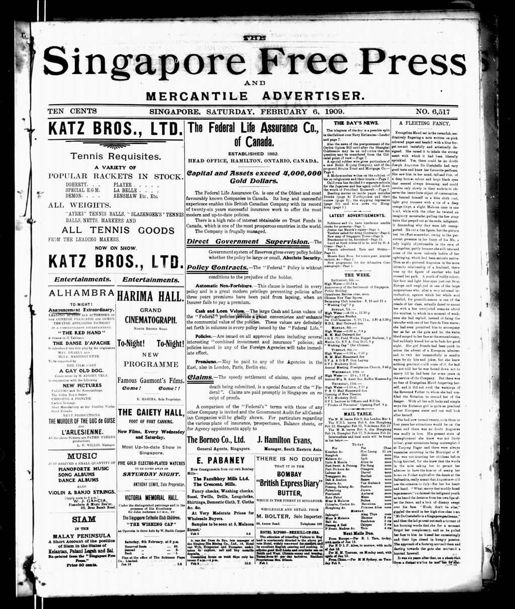 Miniature of Singapore Free Press and Mercantile Advertiser 06 February 1909