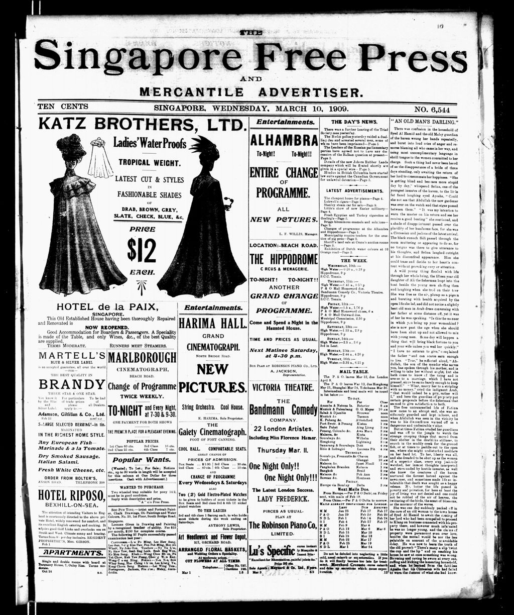 Miniature of Singapore Free Press and Mercantile Advertiser 10 March 1909