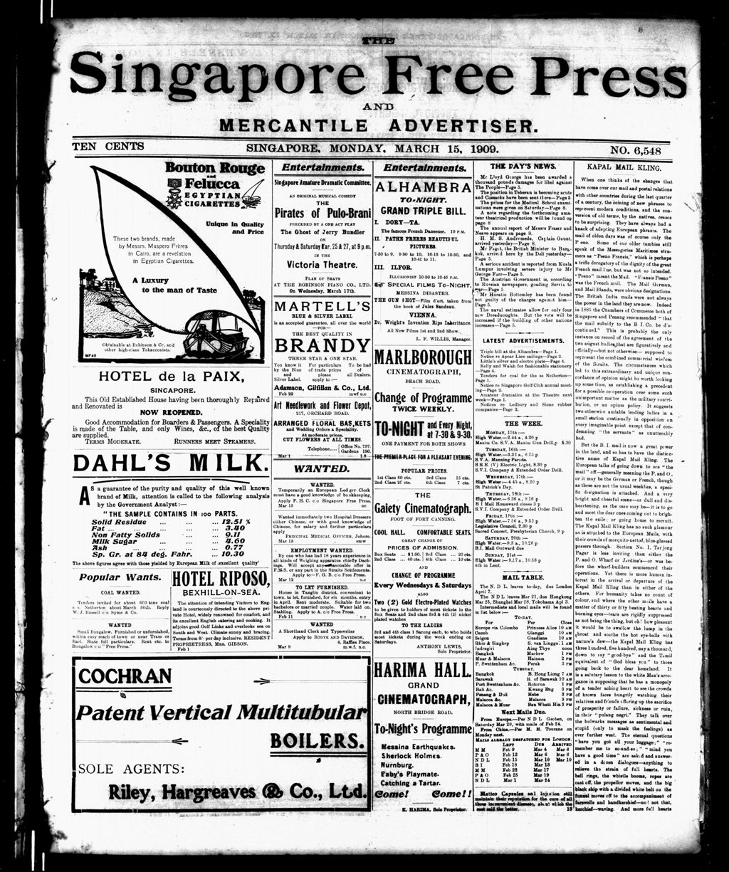 Miniature of Singapore Free Press and Mercantile Advertiser 15 March 1909