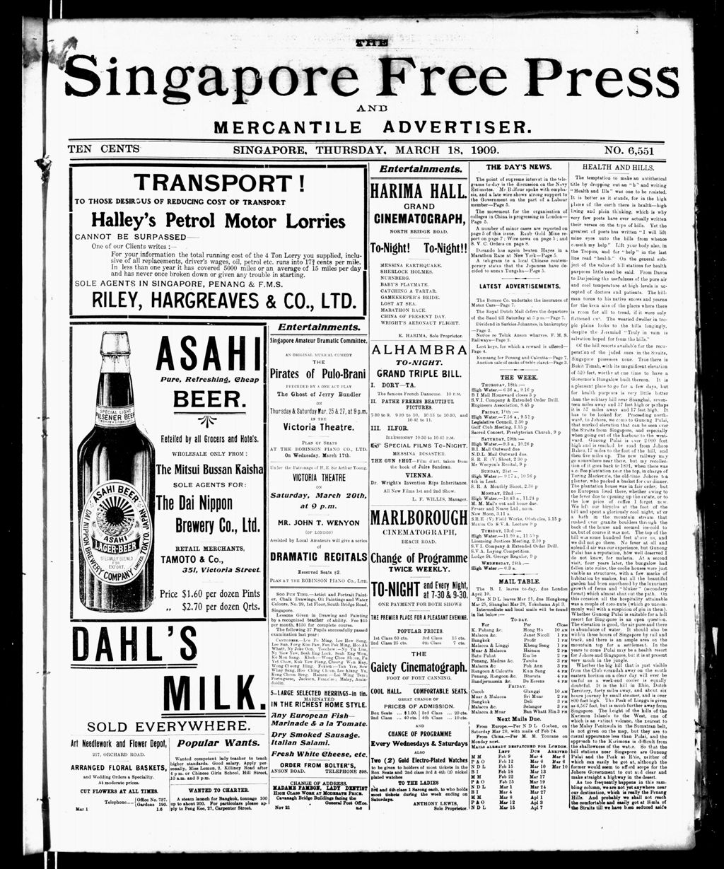 Miniature of Singapore Free Press and Mercantile Advertiser 18 March 1909