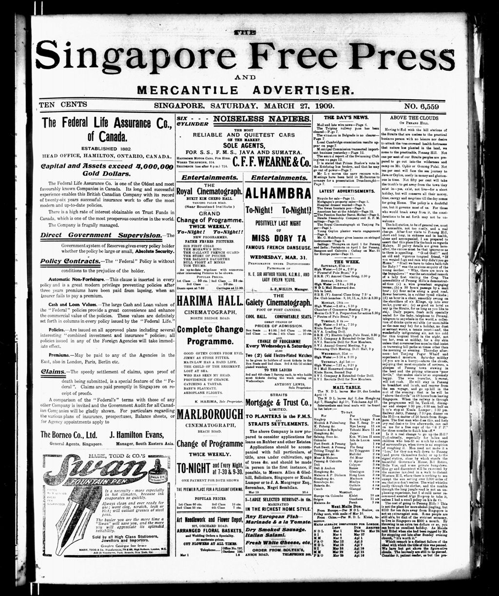 Miniature of Singapore Free Press and Mercantile Advertiser 27 March 1909