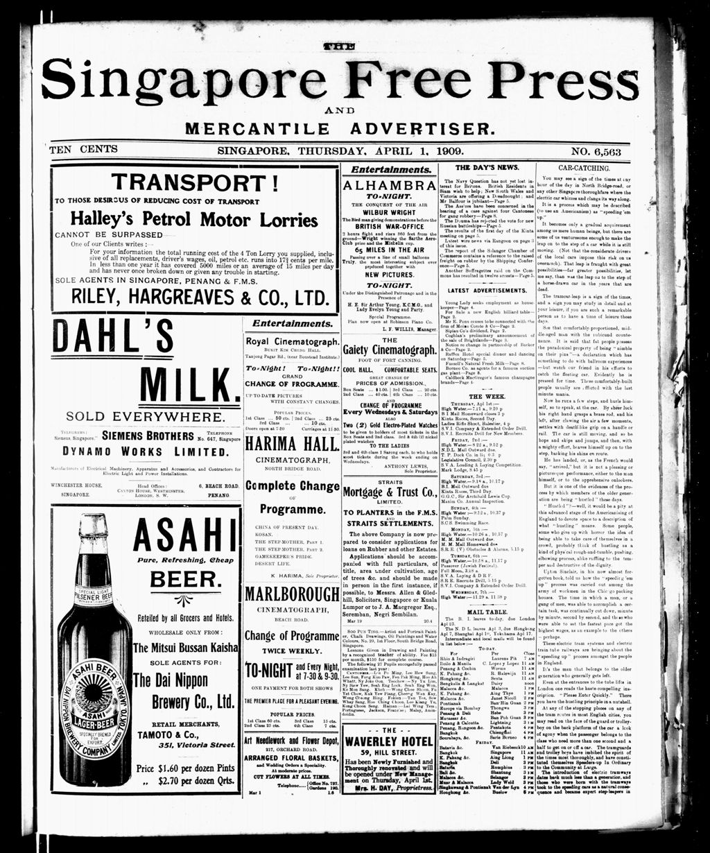 Miniature of Singapore Free Press and Mercantile Advertiser 01 April 1909