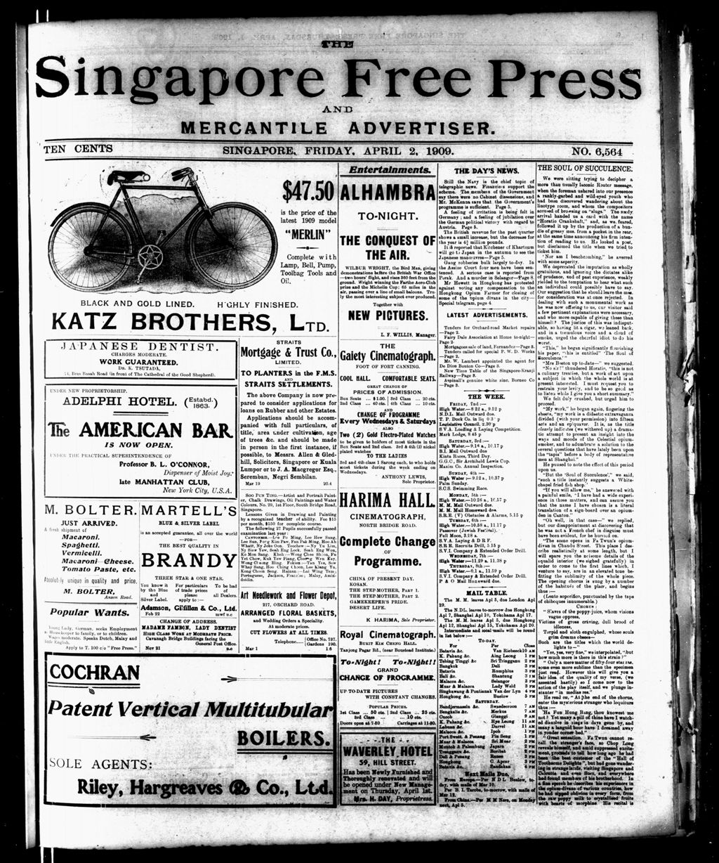 Miniature of Singapore Free Press and Mercantile Advertiser 02 April 1909