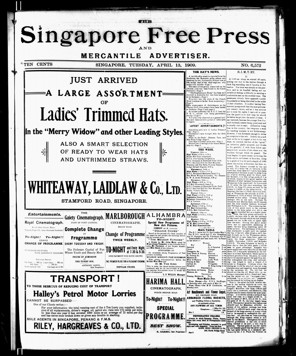 Miniature of Singapore Free Press and Mercantile Advertiser 13 April 1909