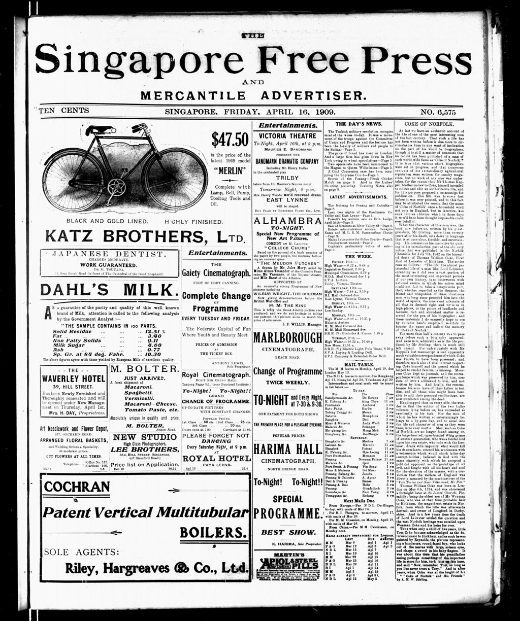 Miniature of Singapore Free Press and Mercantile Advertiser 16 April 1909