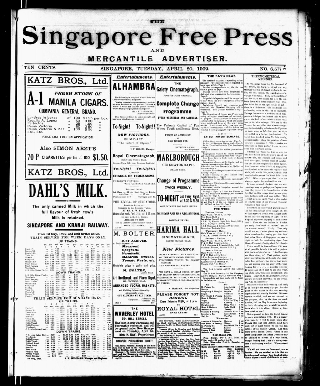 Miniature of Singapore Free Press and Mercantile Advertiser 20 April 1909