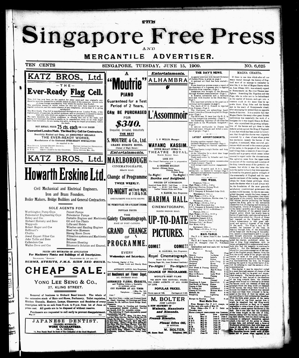 Miniature of Singapore Free Press and Mercantile Advertiser 15 June 1909